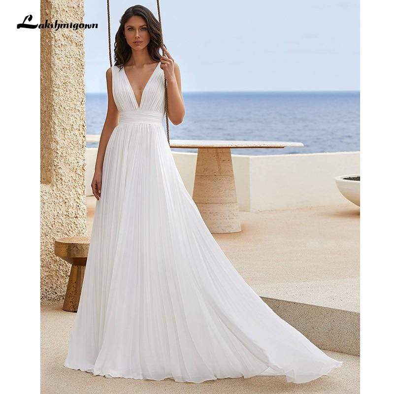 NumberSea Simple Chiffon Wedding Dress With Pleats V-Neck Simple