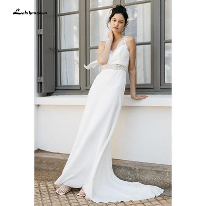 NumberSea Simple Lace Satin Beach Backless Bow Wedding Dresses