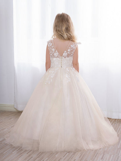 Simple Long A-line Tulle Flower Girl Dresses with Appliques Lace