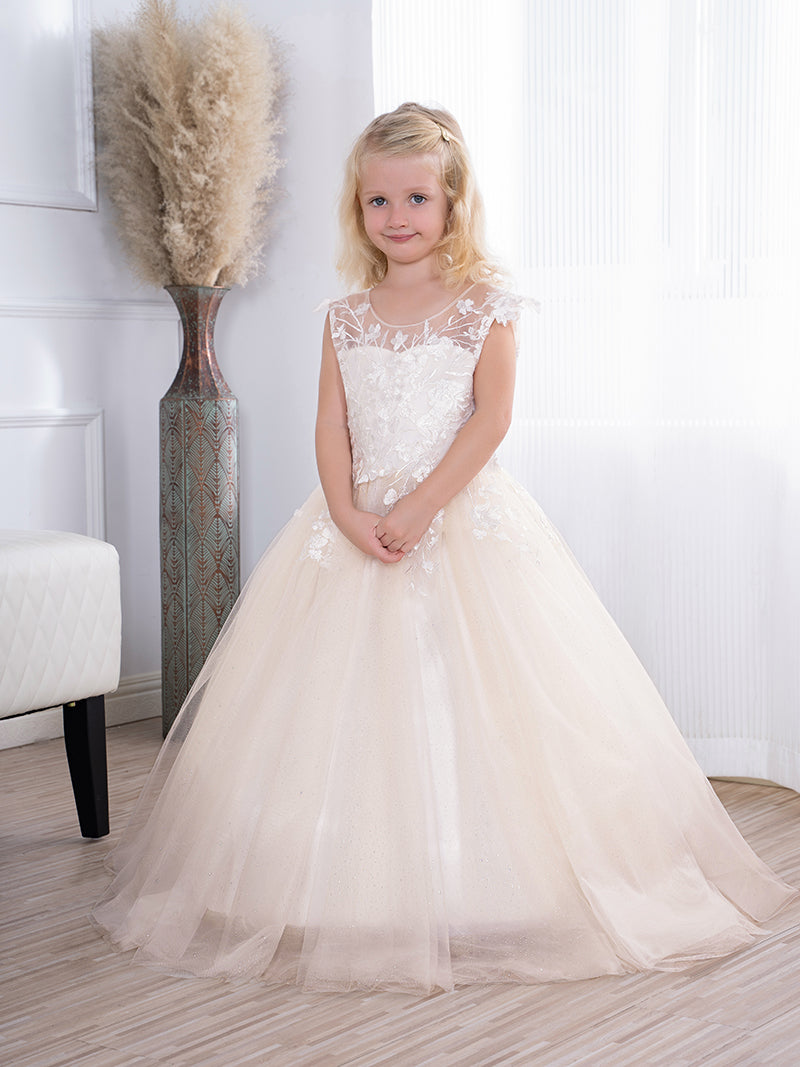 Simple Long A-line Tulle Flower Girl Dresses with Appliques Lace