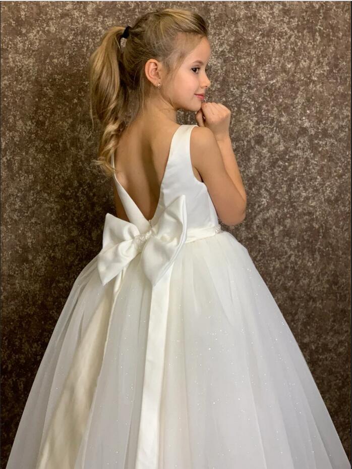 Simple Long A-line Tulle Sleeveless Flower Girl Dresses