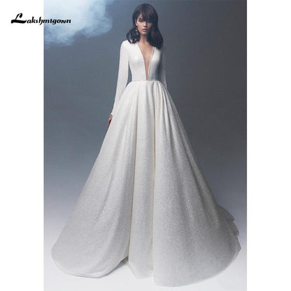 NumberSea Simple Long Sleeve V Neck A-Line Wedding Dresses