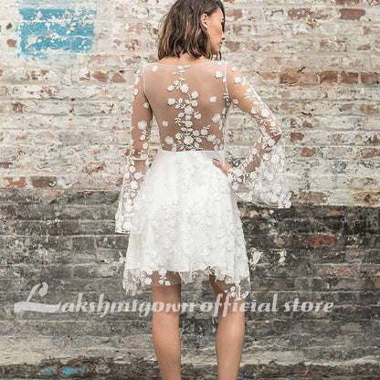 NumberSea Simple New A-Line Lace Short Knee Length Sheer Wedding Dresses