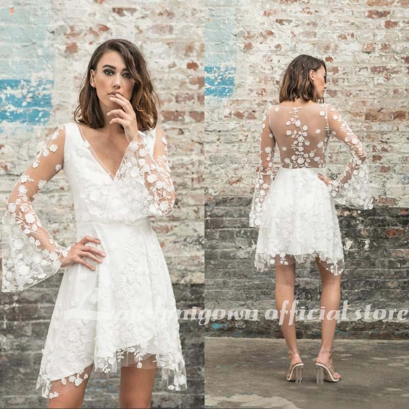 NumberSea Simple New A-Line Lace Short Knee Length Sheer Wedding Dresses