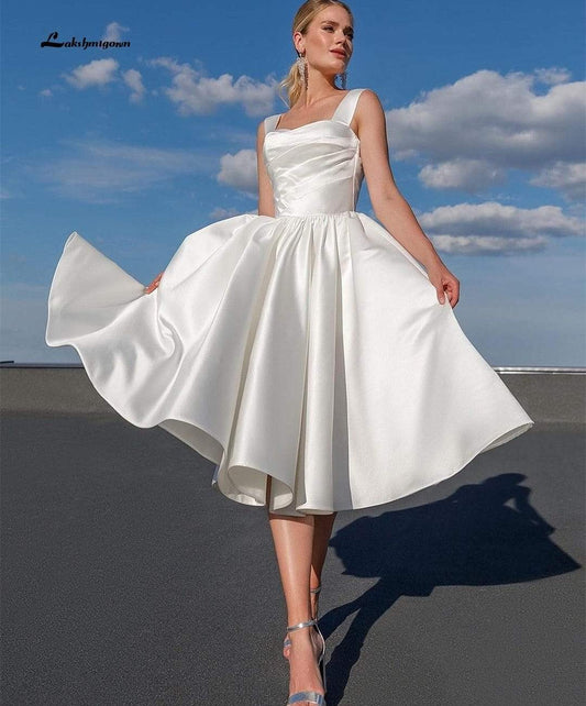 NumberSea Simple Satin Short Wedding Dress Spaghetti Strap A-Line