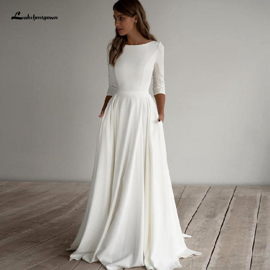 NumberSea Einfache Satin Brautkleid A Linie 3/4 ärmeln Strand