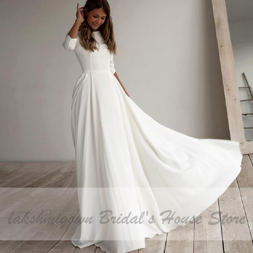 NumberSea Simple Satin Wedding Dress A Line 3/4 sleeves Beach