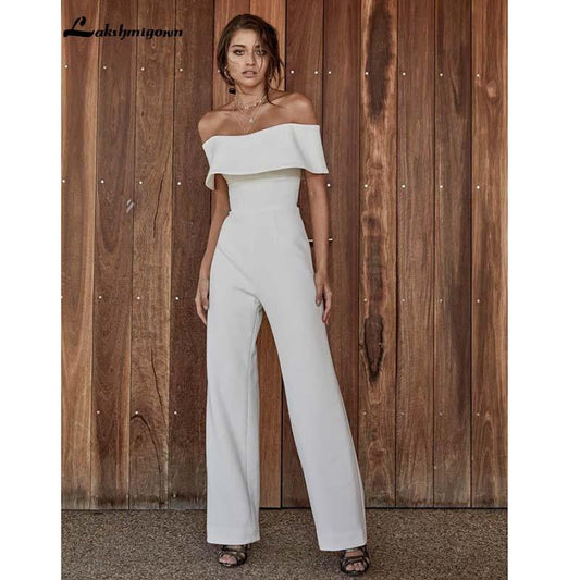 NumberSea Einfache Satin Brautkleider Jumpsuits Off The Shoulder