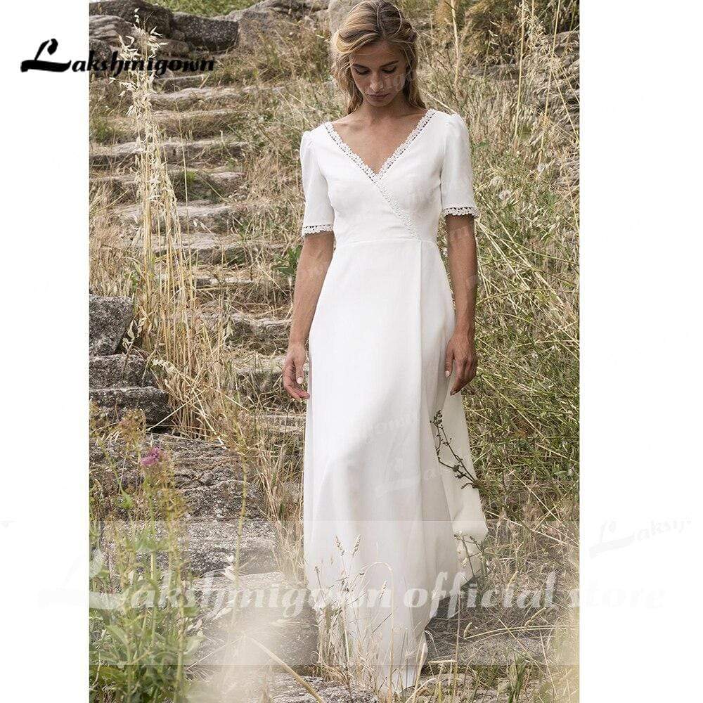 NumberSea Simple Short Sleeve V Neck Beach Sweep Train Wedding Dresses