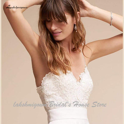 NumberSea Simple Short Wedding Dress Satin Sexy Bridal Beach Spaghetti Straps