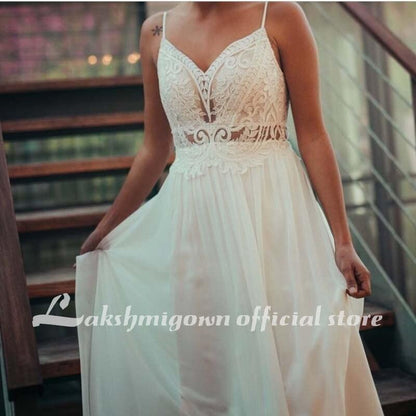 NumberSea Simple V Neck Chiffon A Line Boho Beach Wedding Dresses