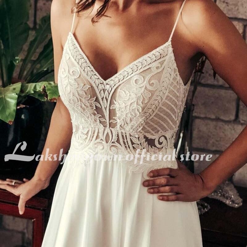 NumberSea Simple V Neck Chiffon A Line Boho Beach Wedding Dresses