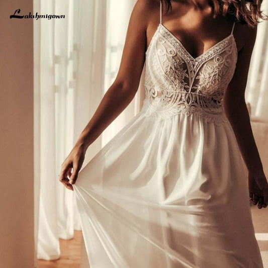 NumberSea Simple V Neck Chiffon A Line Boho Beach Wedding Dresses