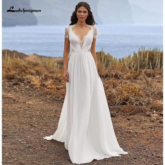 NumberSea Einfaches Hochzeitskleid aus weicher Spitze und Chiffon, A-Linie, kurze Ärmel