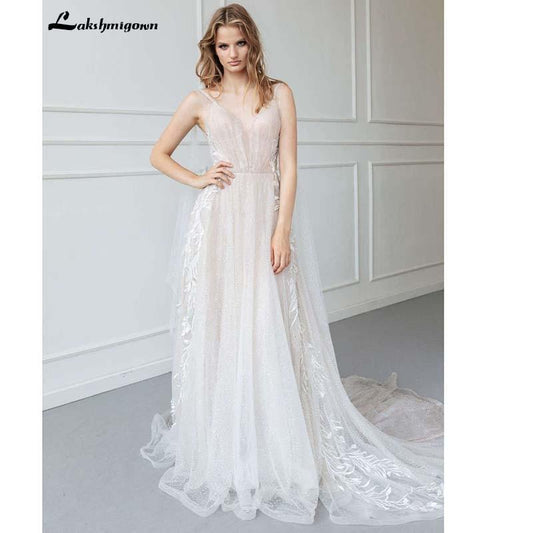 NumberSea Simple Wedding Dress Spaghetti Straps Floor Length Lace