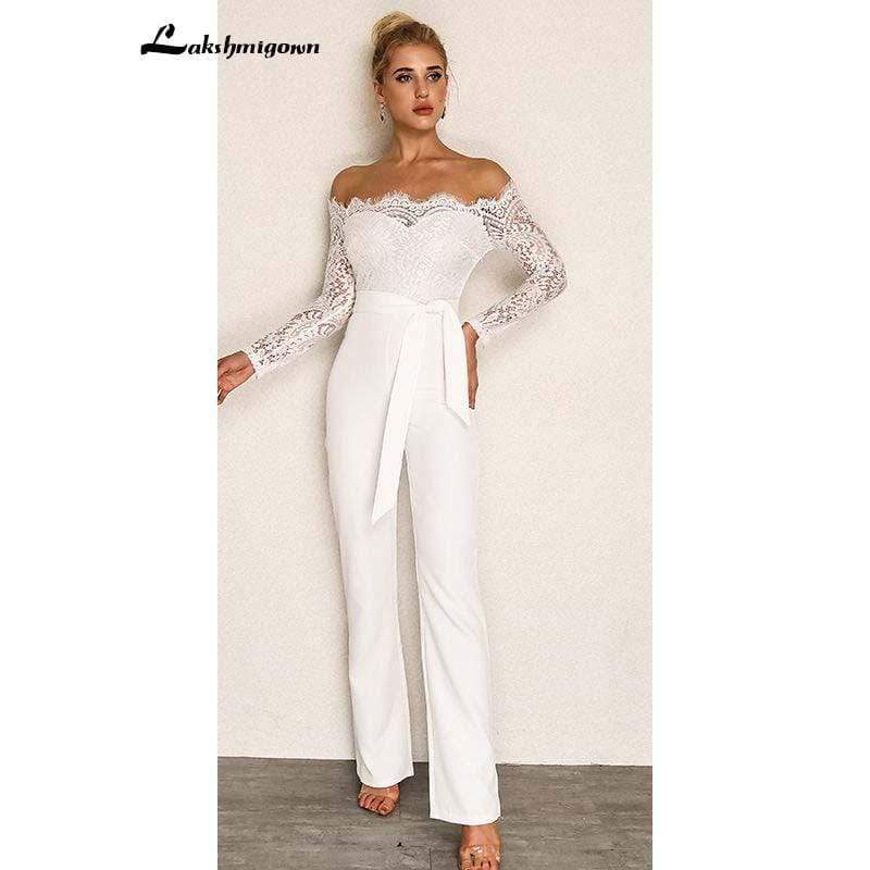 NumberSea Simple White Lace Jumpsuits Wedding Dresses Long Sleeves Pant Suit