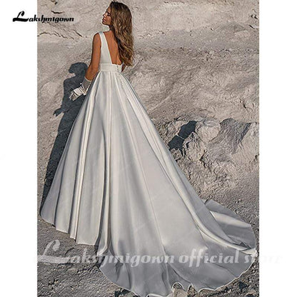 NumberSea Simple White Satin Wedding Dress A Line