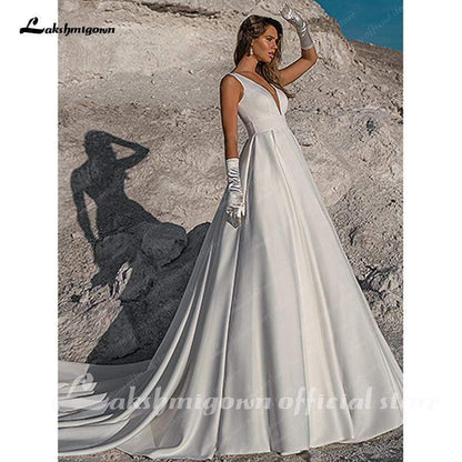 NumberSea Simple White Satin Wedding Dress A Line