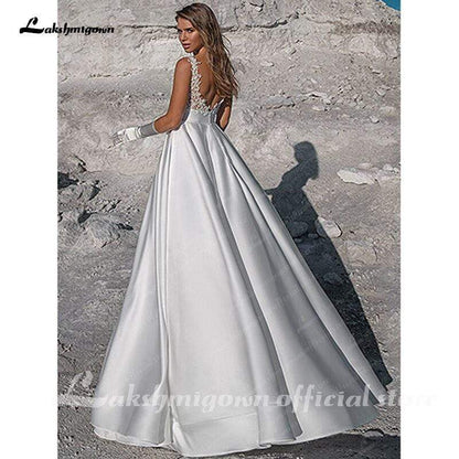 NumberSea Simple White Satin Wedding Dress A Line Bride Gowns