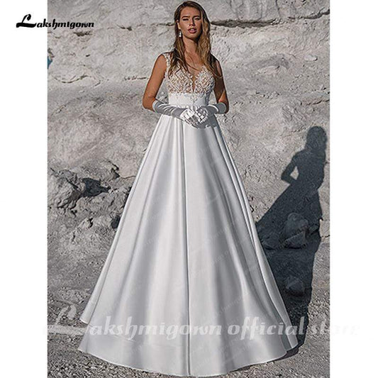 NumberSea Simple White Satin Wedding Dress A Line Bride Gowns