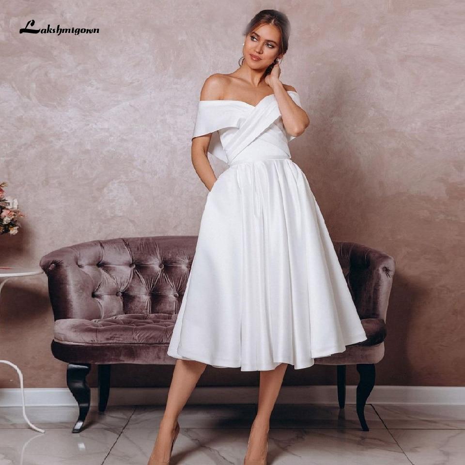 NumberSea Simple White Satin Wedding Dress Tea Length