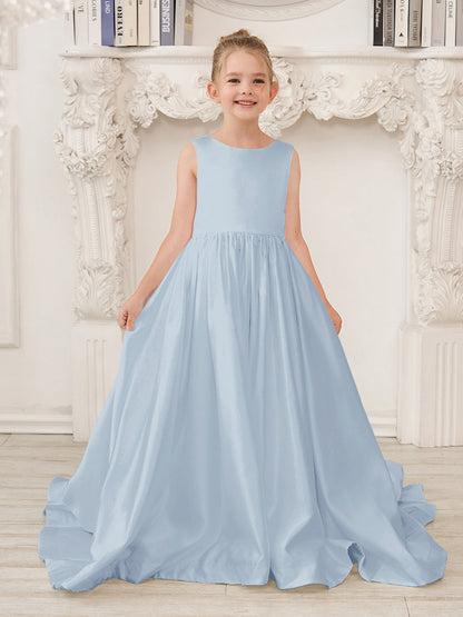 NumberSea - A - Line Princess Sleeveless Satin Flower Girl Dress with Sweep Train and Bow