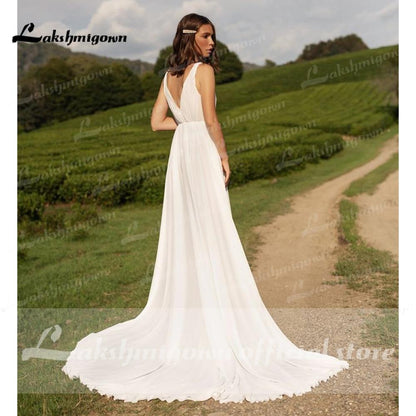 NumberSea Sleeveless V Neck Chiffon High Split Pleats Wedding Dresses