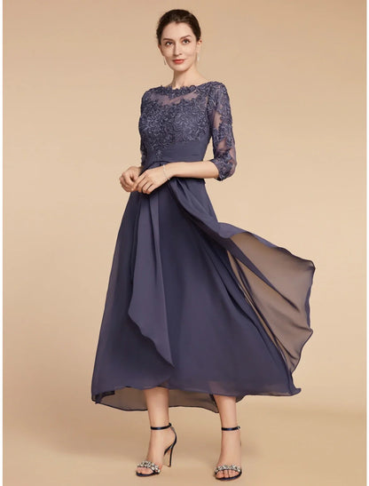 Numbersea A-Line Mother of the Bride Dress Wedding Guest Elegant Scoop Neck Ankle Length Chiffon Lace 3/4 Length Sleeve with Ruching Solid Color