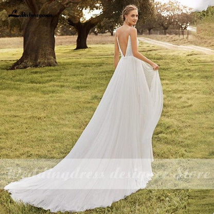 NumberSea Spaghetti Straps Boho Wedding Dresses V Neck Backless