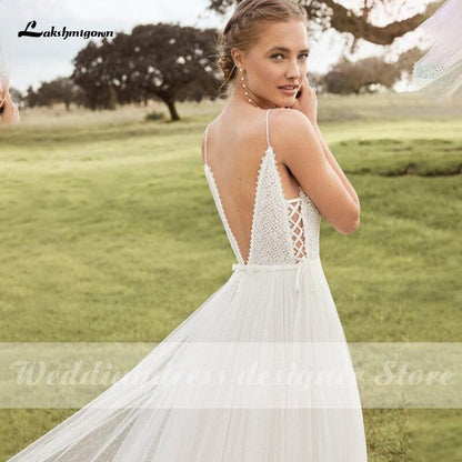 NumberSea Spaghetti Straps Boho Wedding Dresses V Neck Backless