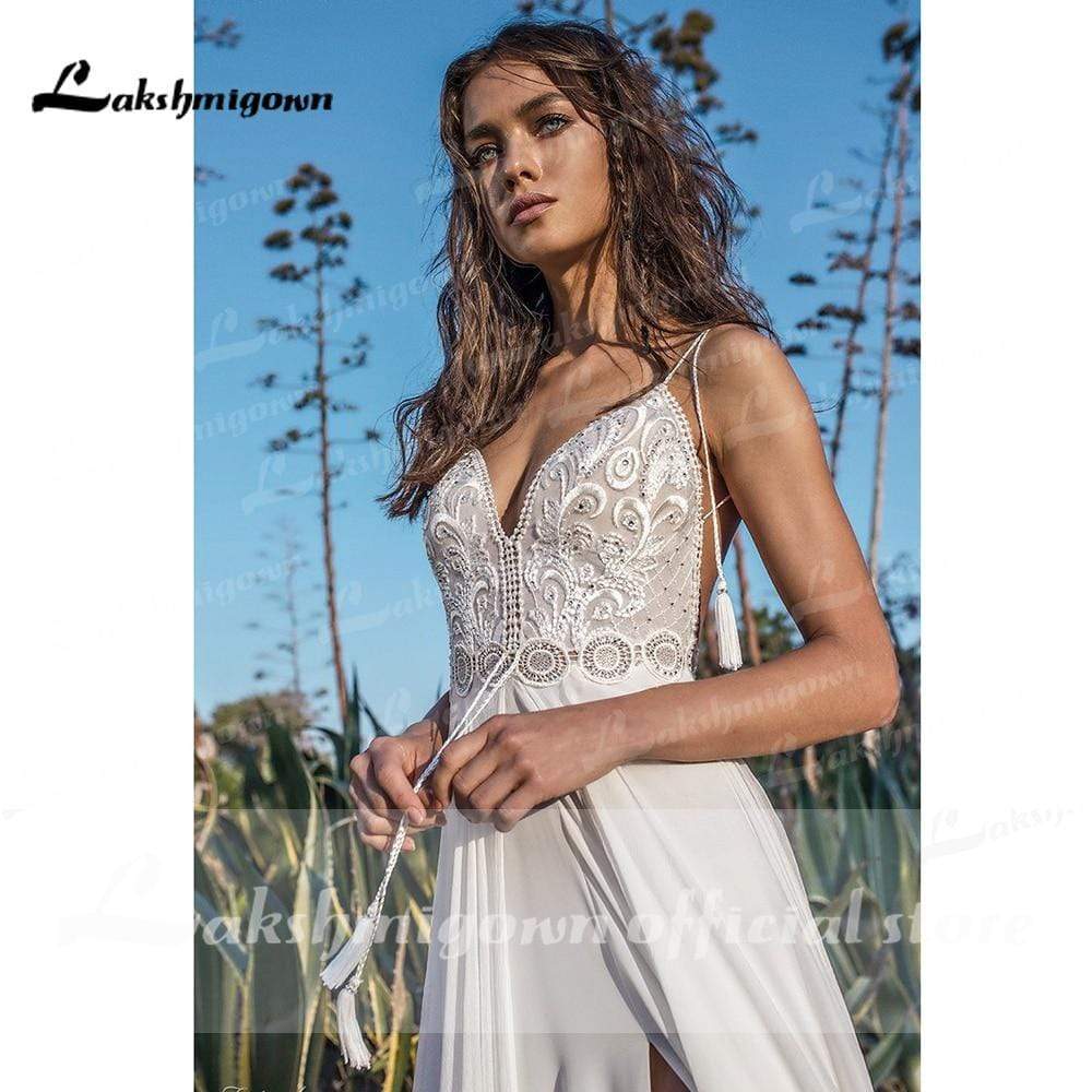 NumberSea Spaghetti Straps High Split Backless beads Wedding Dresses