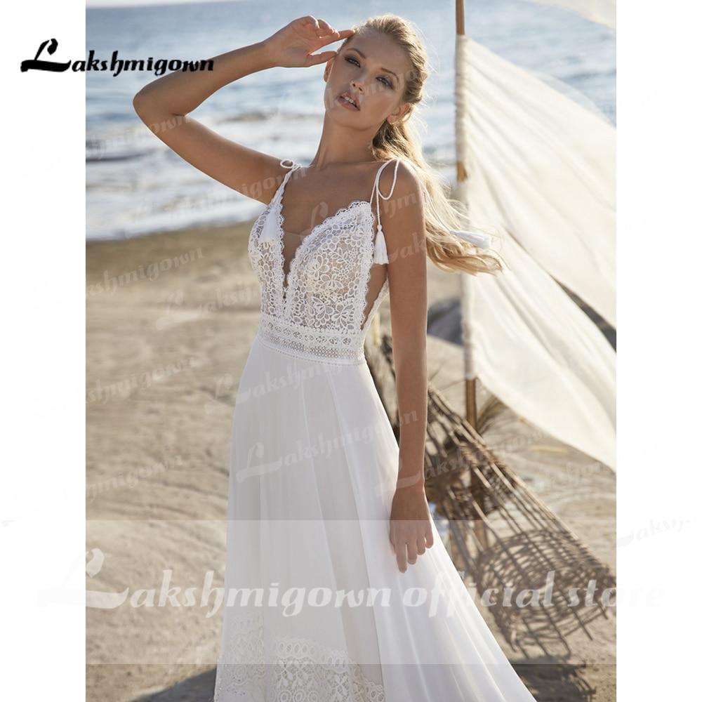 NumberSea Spaghetti Straps Wedding Dresses Bohemian Beach Lace Bocide  vestido para boda playa Lakshmigown Wedding Gowns For Bride Robe De