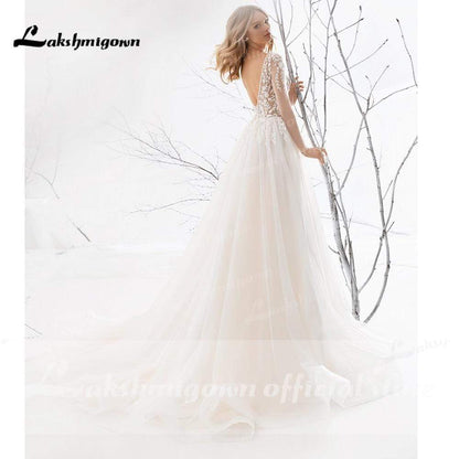 NumberSea Split Backless O neck Lace Wedding Dresses