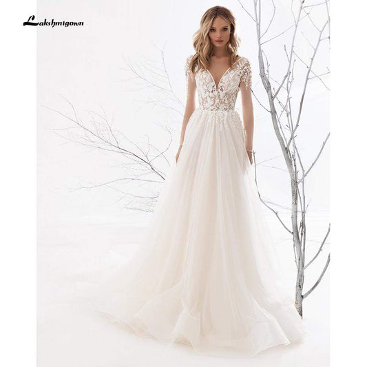 NumberSea Split Backless O neck Lace Wedding Dresses