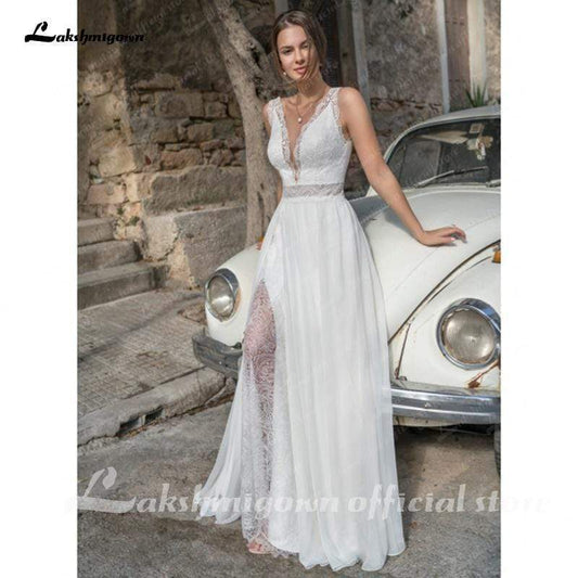 NumberSea Split Lace Bridal Dress Summer Wedding Dresses Sexy Lace V neck A Line