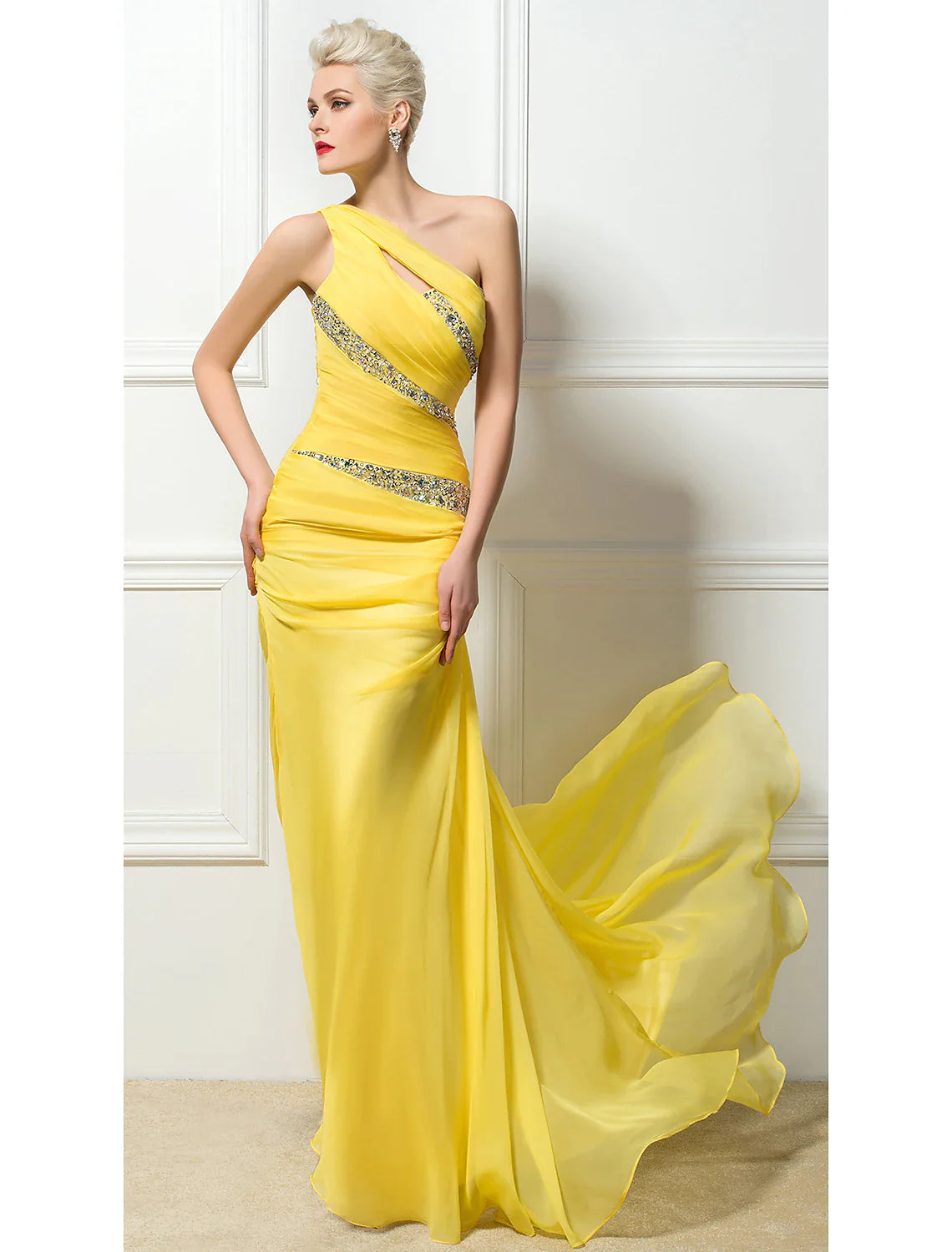 Sheath / Column Sexy Engagement Formal Evening Dress One Shoulder Backless Sleeveless Sweep / Brush Train 30D Chiffon with Ruched Crystals Sequin