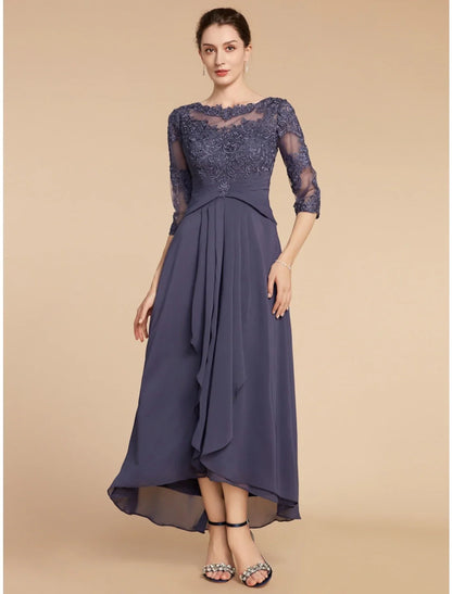 Numbersea A-Line Mother of the Bride Dress Wedding Guest Elegant Scoop Neck Ankle Length Chiffon Lace 3/4 Length Sleeve with Ruching Solid Color