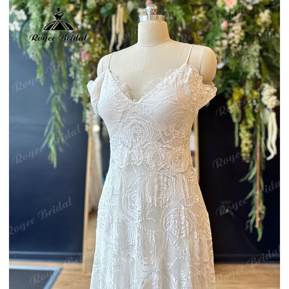 NumberSea suknia slubna V Neck Lace Floral Beach Off Shoulder Split Middle Boho Wedding Dress Short Cap Sleeve Spaghetti Straps Bride Gown