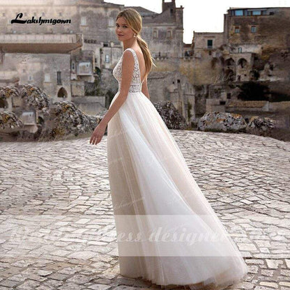 NumberSea Summer Beach A-Line Princess Wedding Dresses V Neckline