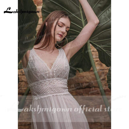 NumberSea Summer Lace Bohemian Wedding Dresses V Neck Boho Lace