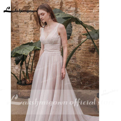 NumberSea Summer Lace Bohemian Wedding Dresses V Neck Boho Lace