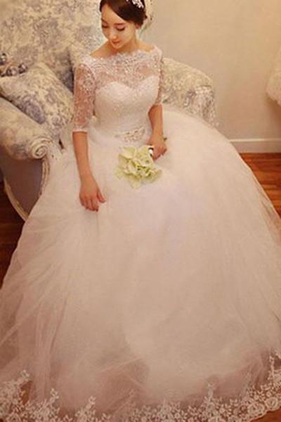 NumberSea White Lace Tulle Half Sleeve Wedding Dresses with Beading, Bridal Gowns, MW159