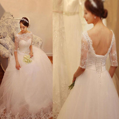 NumberSea White Lace Tulle Half Sleeve Wedding Dresses with Beading, Bridal Gowns, MW159