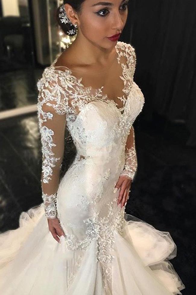 NumberSea White Long Sleeve Lace See Through Wedding Dress, Elegant Bridal Dresses, MW189