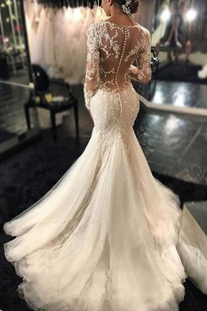 NumberSea White Long Sleeve Lace See Through Wedding Dress, Elegant Bridal Dresses, MW189