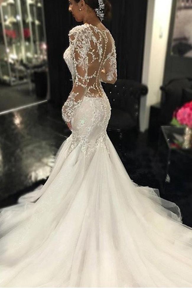 NumberSea White Long Sleeve Lace See Through Wedding Dress, Elegant Bridal Dresses, MW189