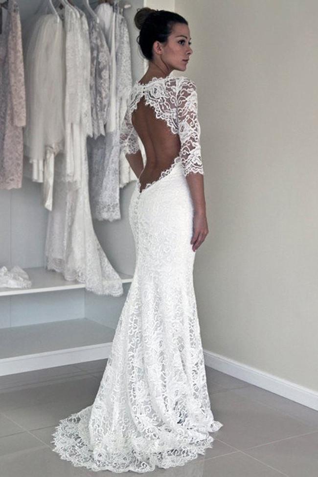 NumberSea White Lace Open Back Long Sleeve Mermaid Long Wedding Dresses, MW187