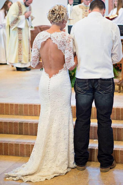 NumberSea White Lace Open Back Long Sleeve Mermaid Long Wedding Dresses, MW187