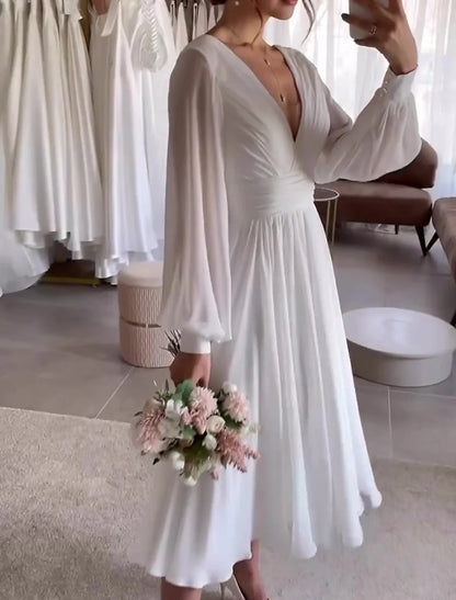 NumberSea Little White Dresses Wedding Dresses A-Line V Neck Long Sleeve Tea Length Chiffon Bridal Gowns With Pleats Solid Color