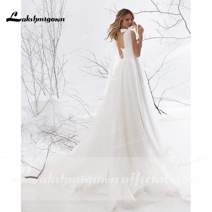 NumberSea Sweetheart Tulle Bow Spaghetti Straps Wedding Dresses